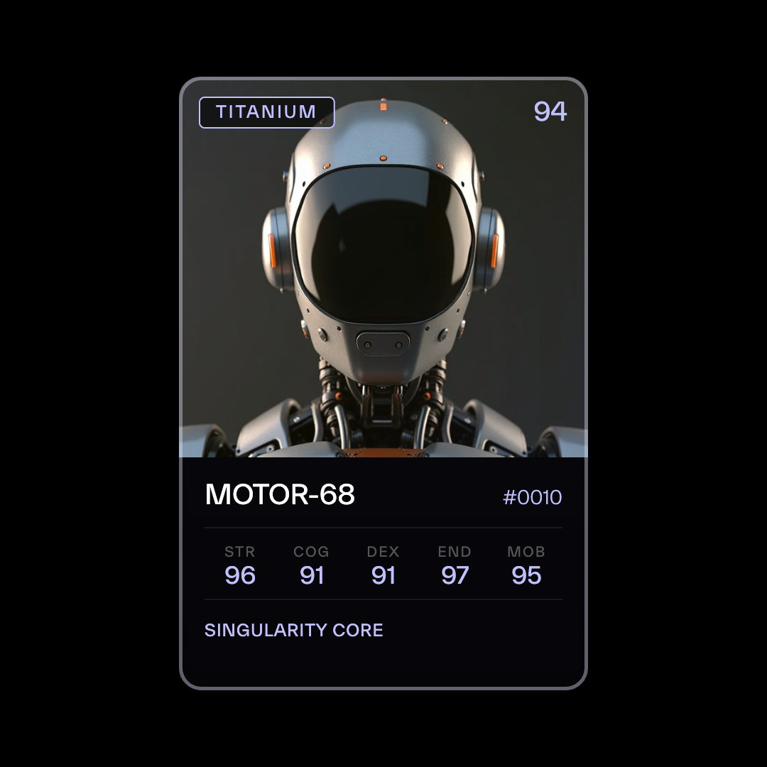 MOTOR-68 humanoid card, Titanium tier, rating 94, stats STR 96 COG 91 DEX 91 END 97 MOB 95, Singularity Core